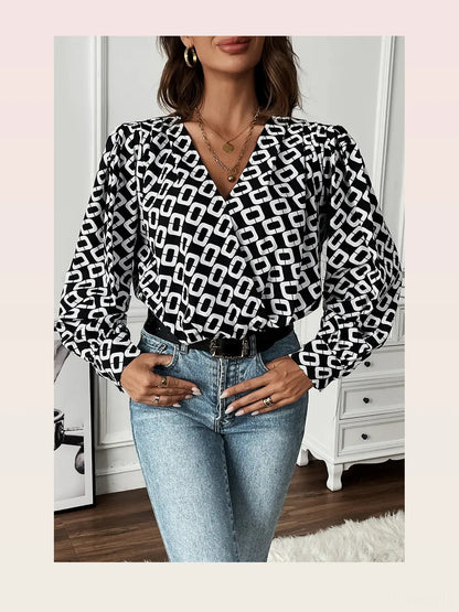 Geometric V-Neck Long Sleeve Blouse — styled showcase — Livostyle