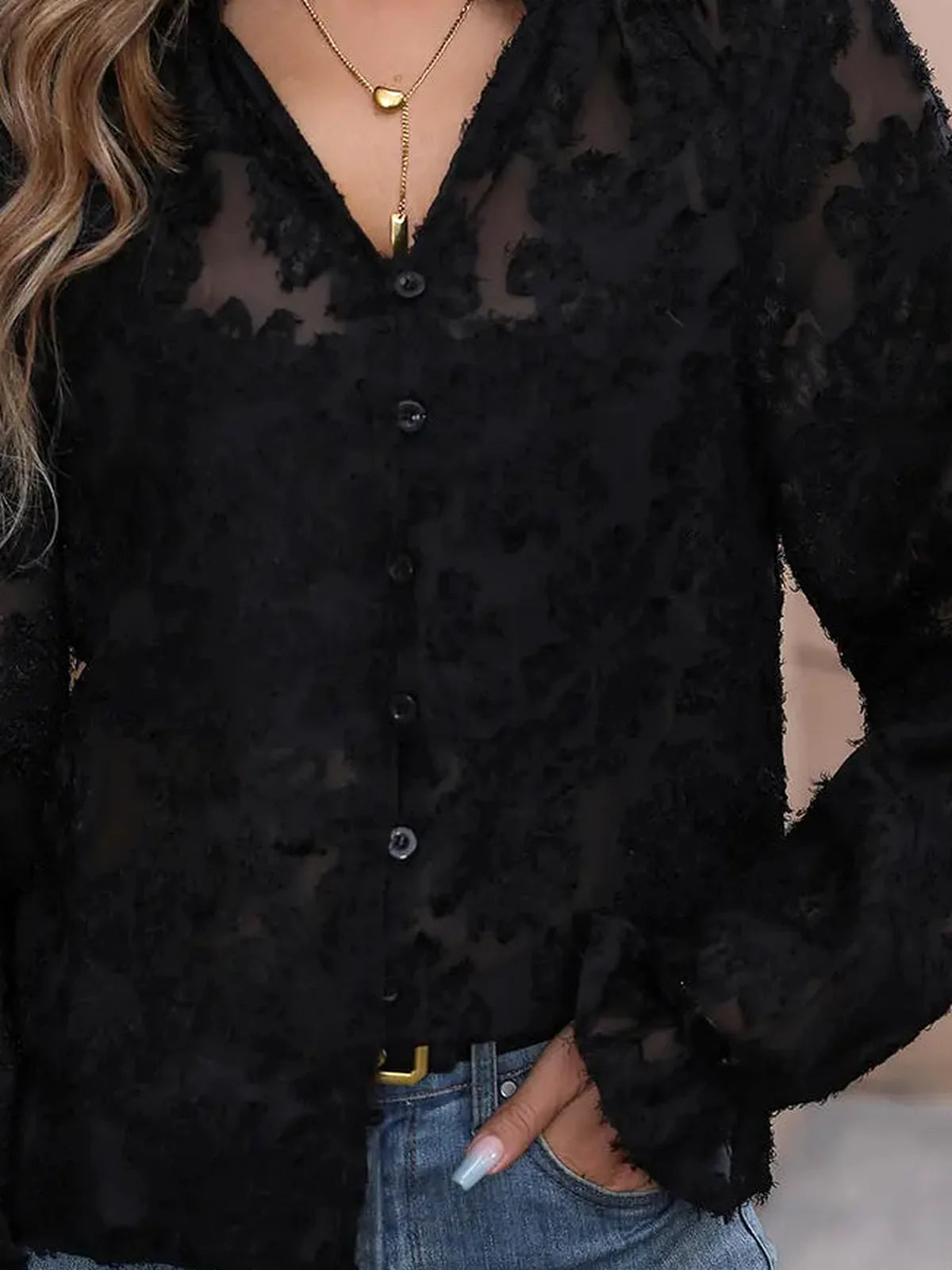 Lace Button Front Long Sleeve Top — detail view — Livostyle