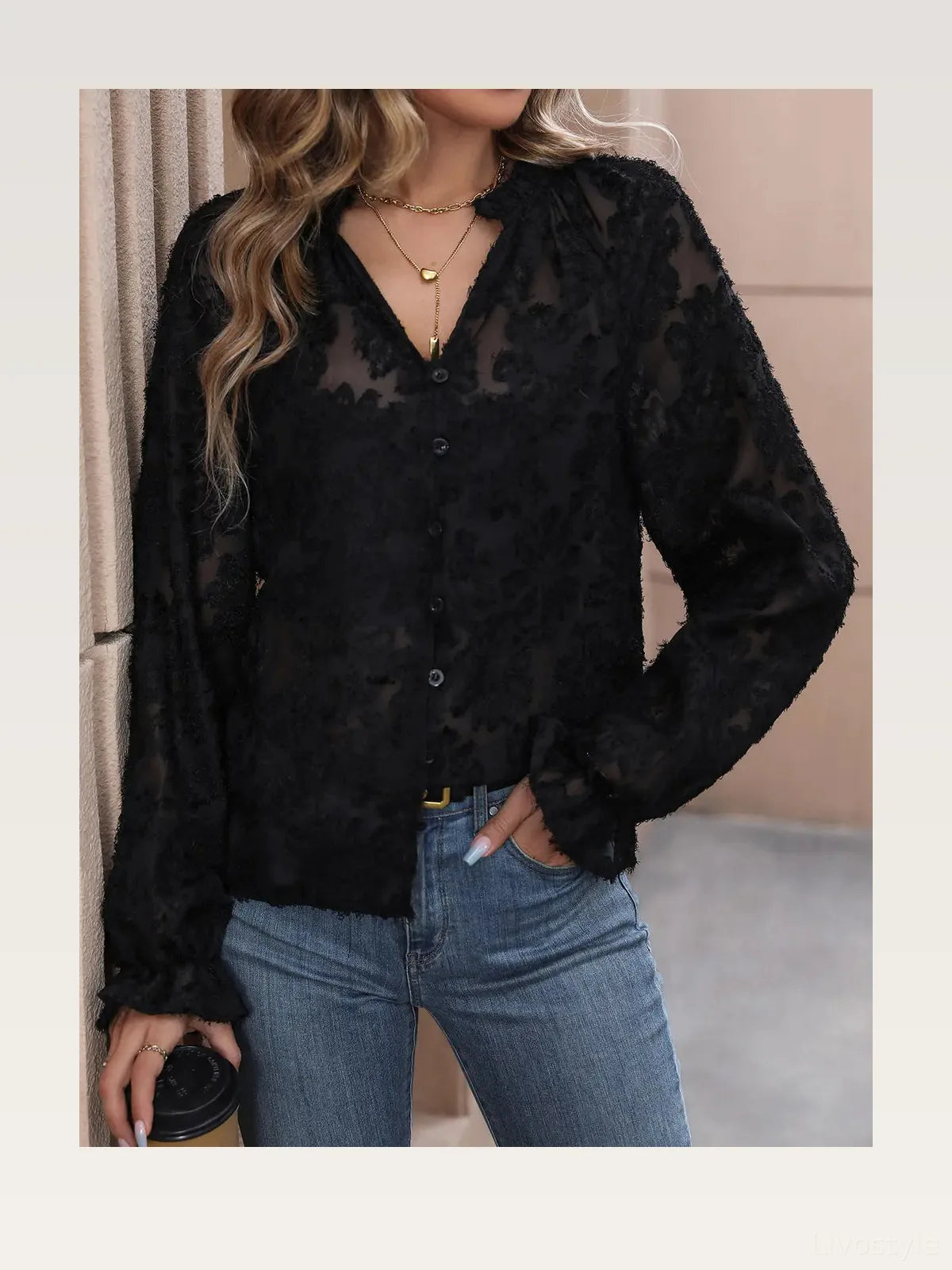 Lace Button Front Long Sleeve Top — styled showcase — Livostyle