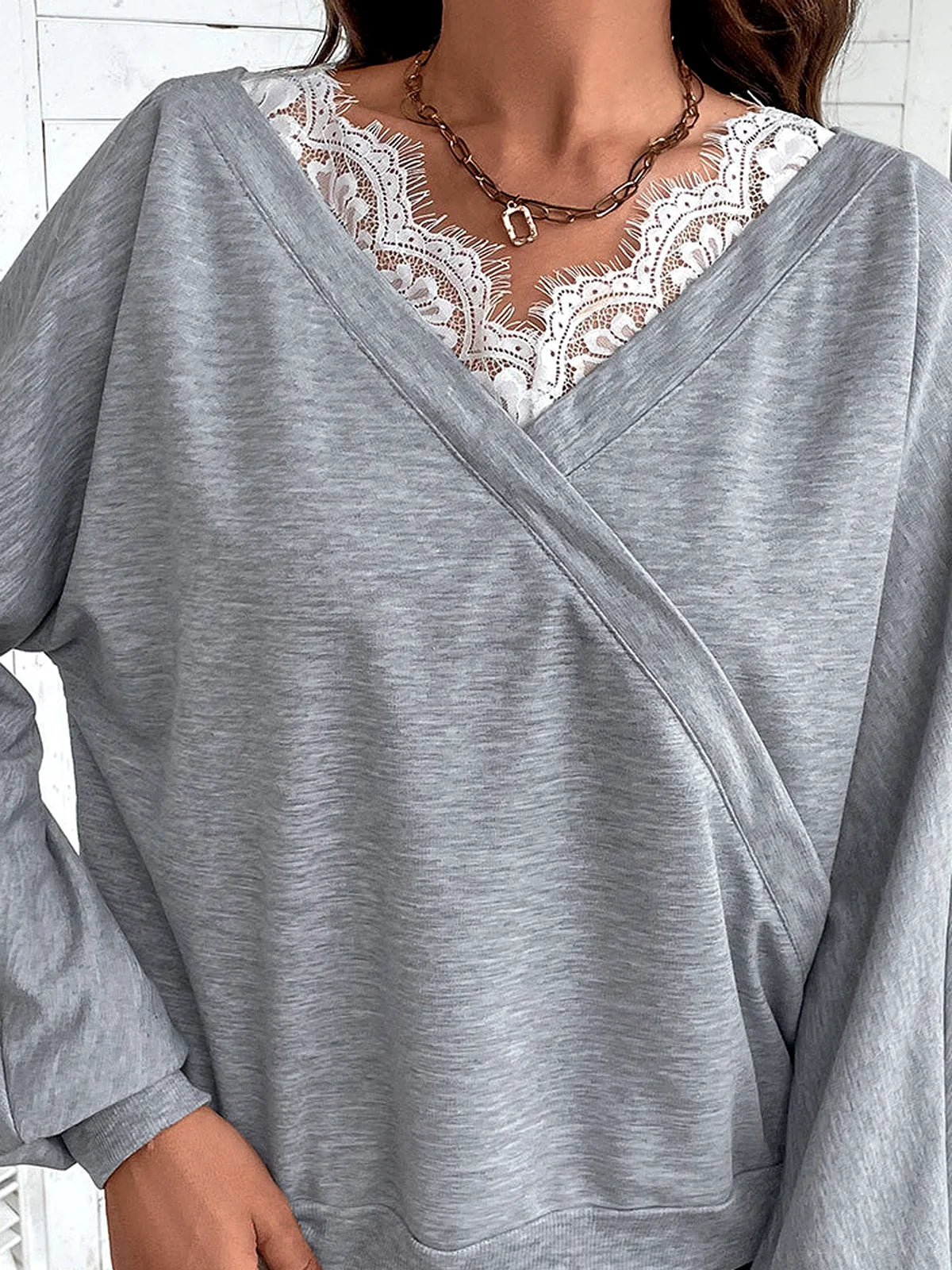 Lace Detail Long Sleeve Top — detail view — Livostyle