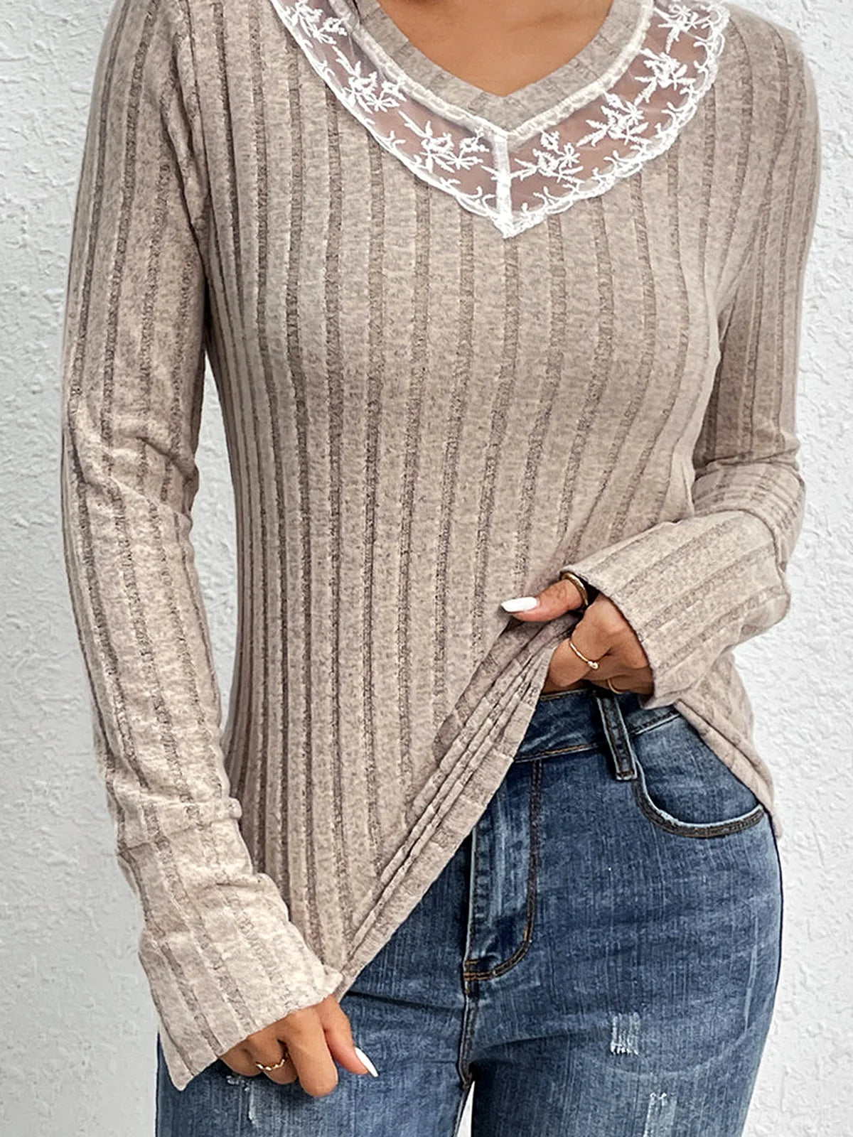 Lace Detail Ribbed V-Neck Long Sleeve Top — detail view — Livostyle