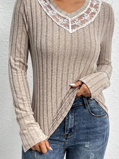 Lace Detail Ribbed V-Neck Long Sleeve Top — detail view — Livostyle