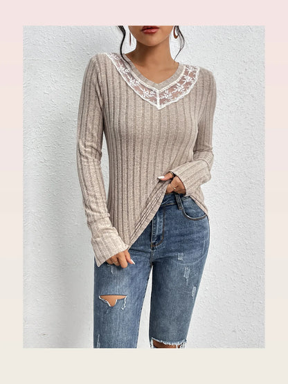 Lace Detail Ribbed V-Neck Long Sleeve Top — styled showcase — Livostyle