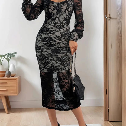 Lace Sweetheart Neck Long Sleeve Midi Dress — square view — Livostyle