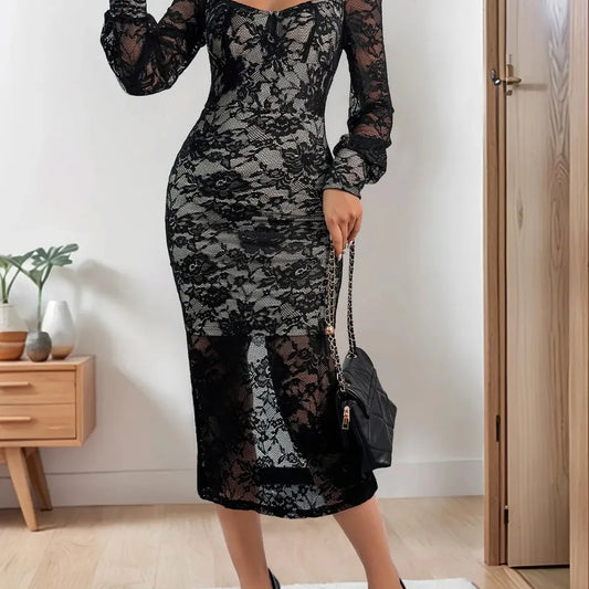 Lace Sweetheart Neck Long Sleeve Midi Dress — square view — Livostyle