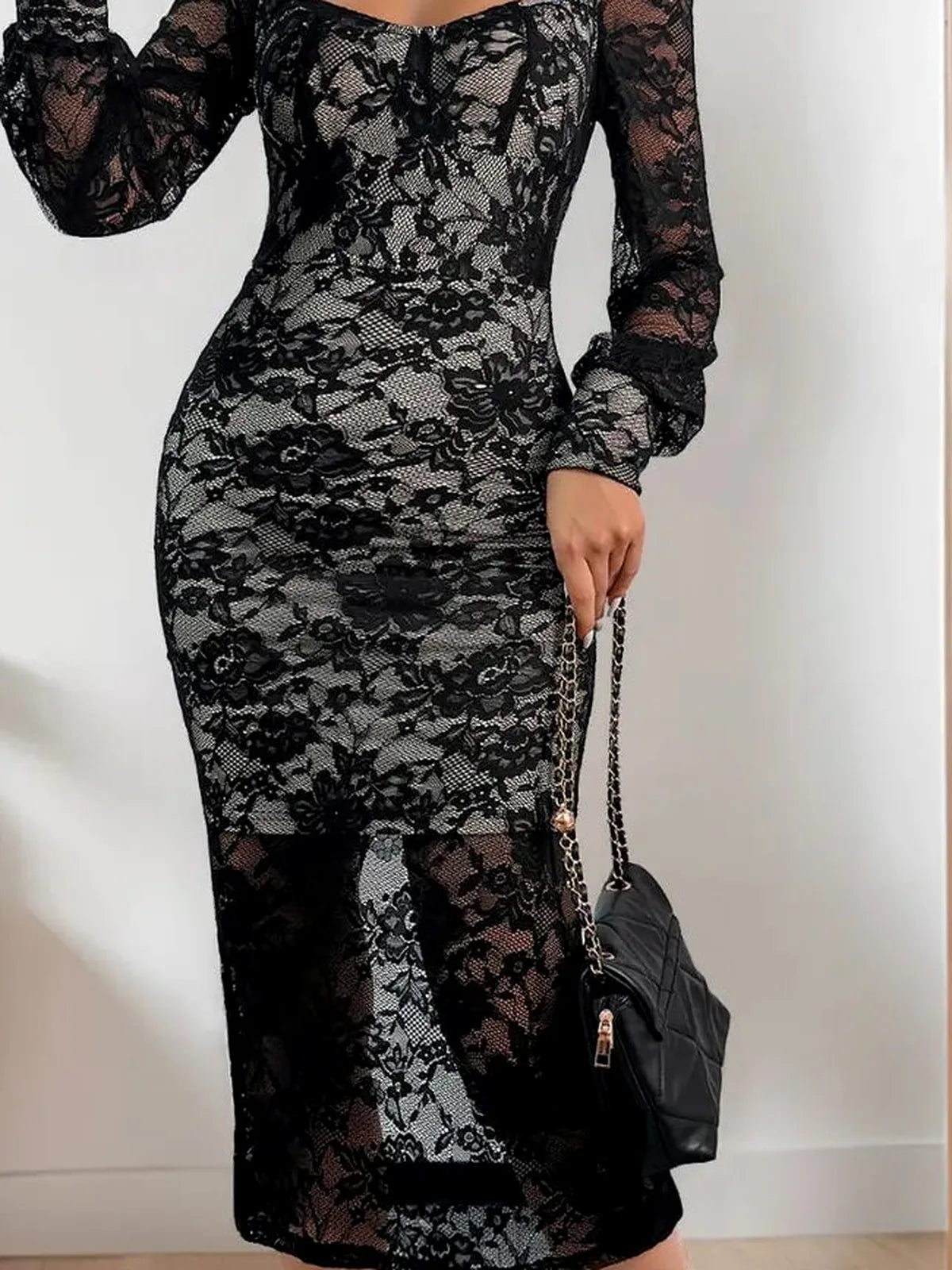 Lace Sweetheart Neck Long Sleeve Midi Dress — detail view — Livostyle