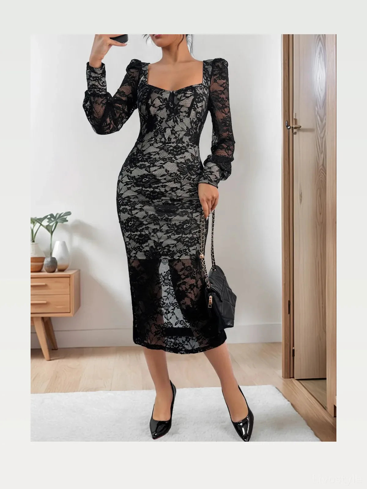 Lace Sweetheart Neck Long Sleeve Midi Dress — styled showcase — Livostyle