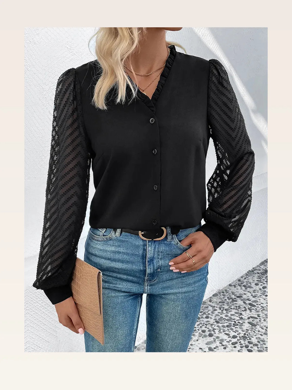 Mesh V-Neck Button Front Blouse — styled showcase — Livostyle