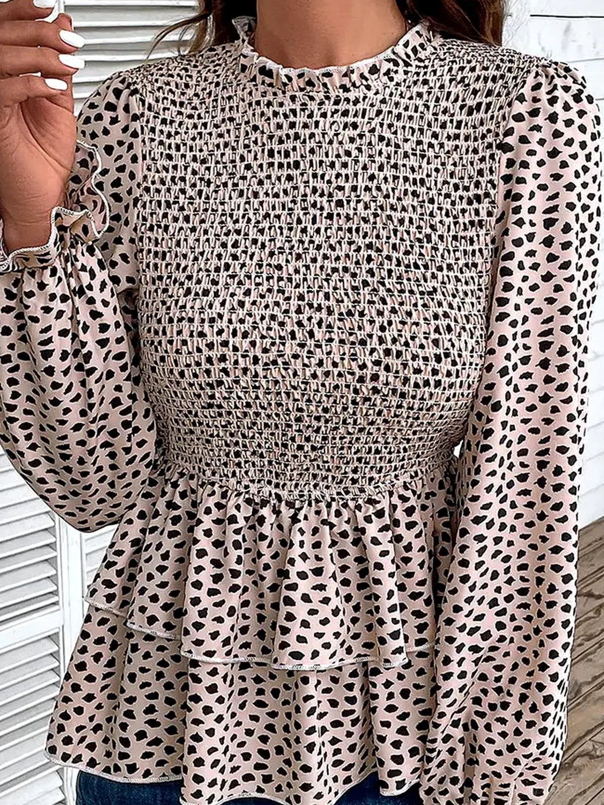 Printed Round Neck Smocked Flounce Sleeve T-Shirt — detail view — Livostyle