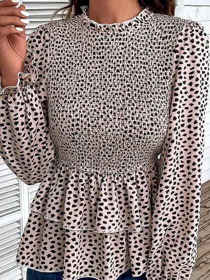 Printed Round Neck Smocked Flounce Sleeve T-Shirt — detail view — Livostyle