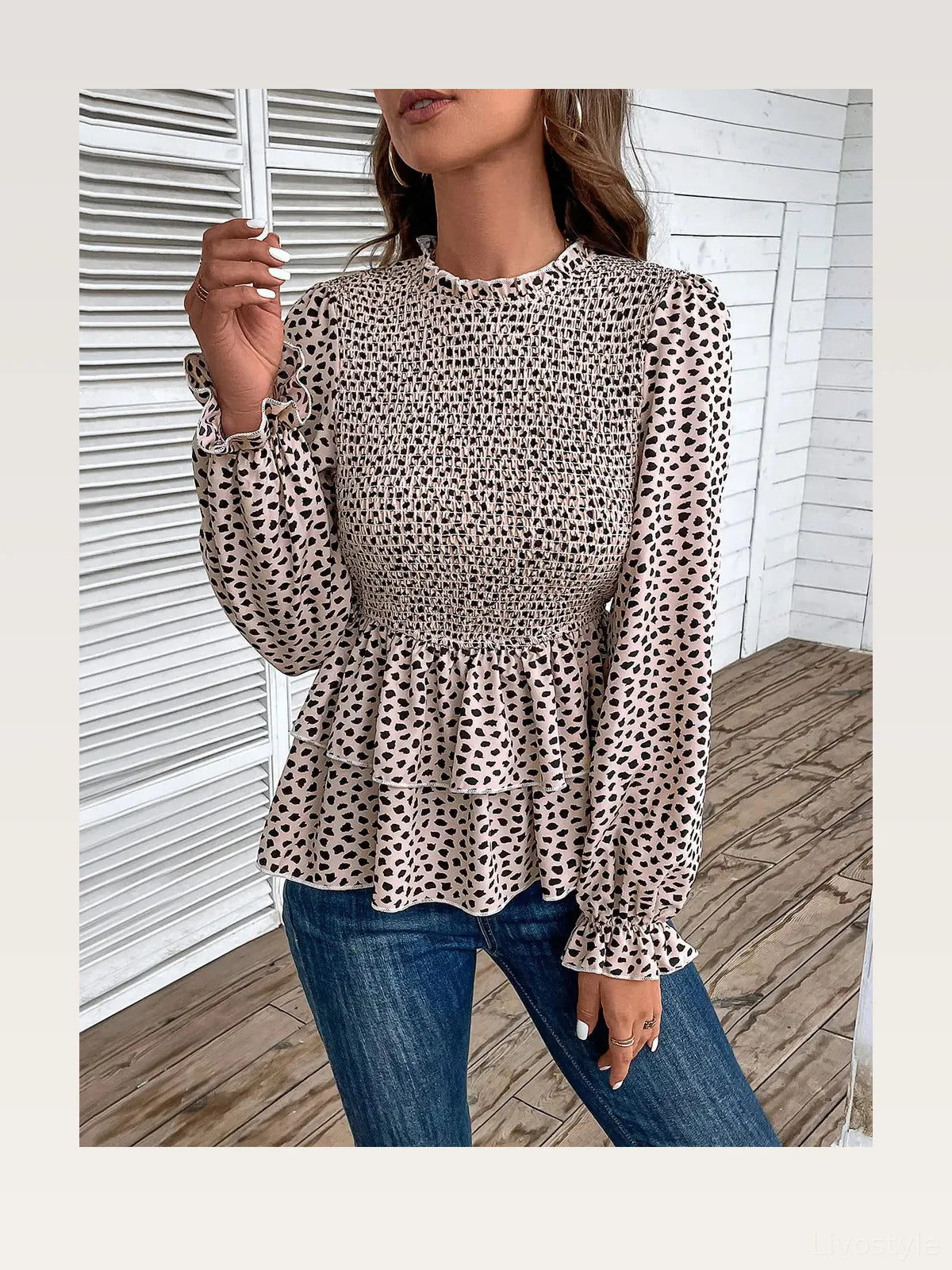Printed Round Neck Smocked Flounce Sleeve T-Shirt — styled showcase — Livostyle