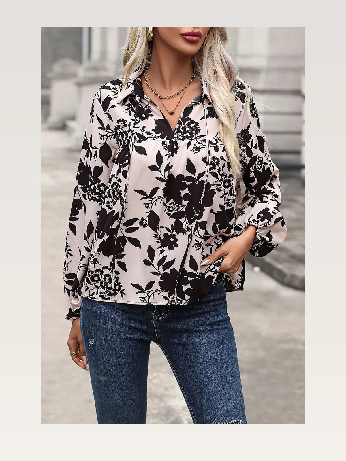 Printed Tie Neck Balloon Sleeve Blouse — styled showcase — Livostyle