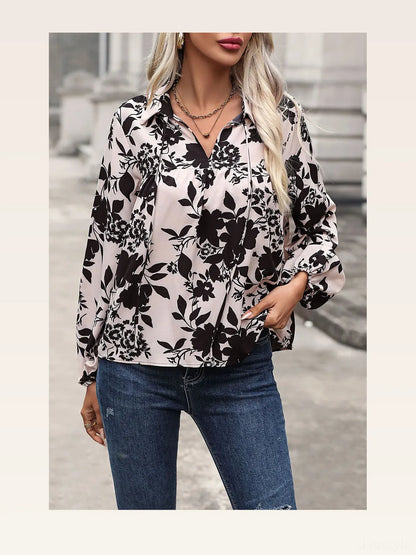 Printed Tie Neck Balloon Sleeve Blouse — styled showcase — Livostyle