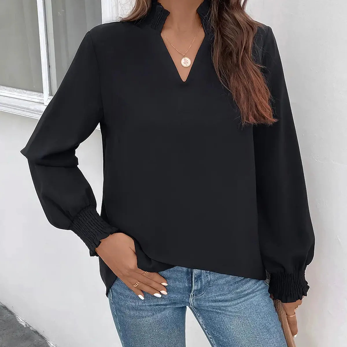 Smocked Notched Long Sleeve Blouse — square view — Livostyle