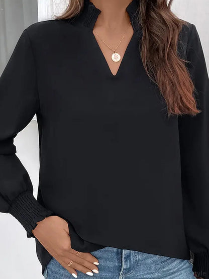 Smocked Notched Long Sleeve Blouse — detail view — Livostyle