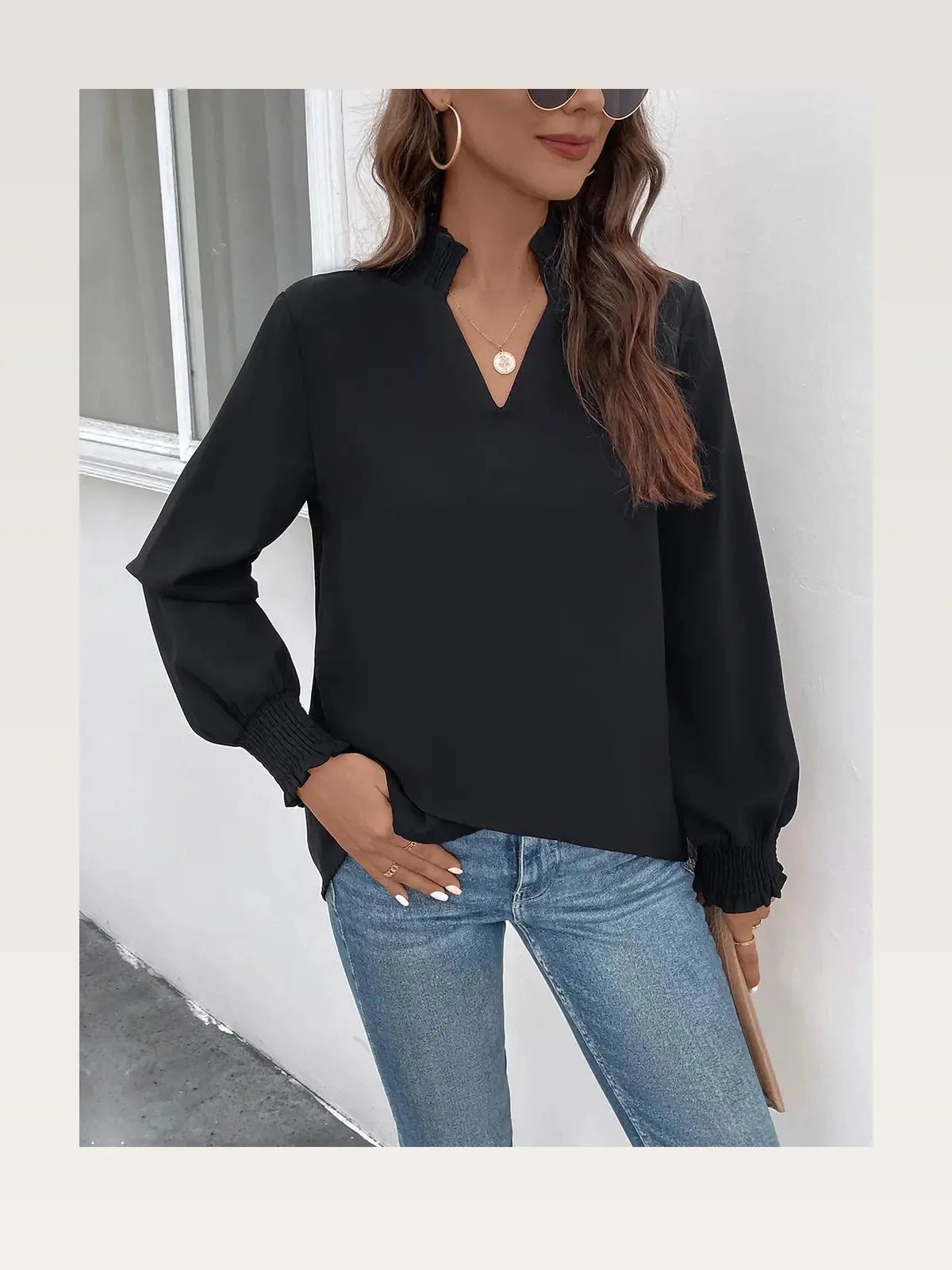 Smocked Notched Long Sleeve Blouse — styled showcase — Livostyle