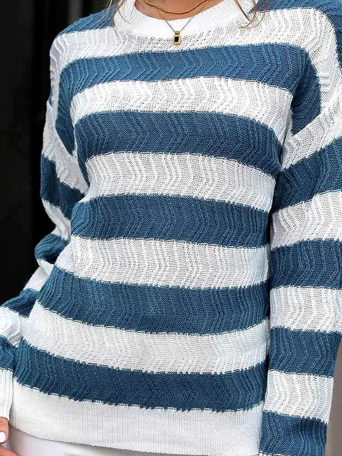 Striped Round Neck Dropped Shoulder Sweater — detail view — Livostyle