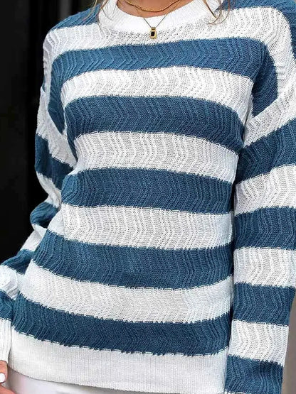 Striped Round Neck Dropped Shoulder Sweater — detail view — Livostyle