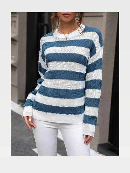 Striped Round Neck Dropped Shoulder Sweater — styled showcase — Livostyle