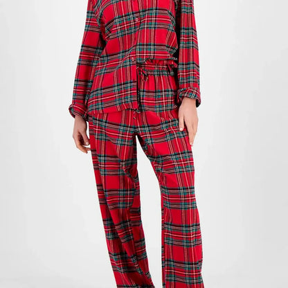 Plaid Collared Neck Button Up Top and Pants Lounge Set — square view — Livostyle