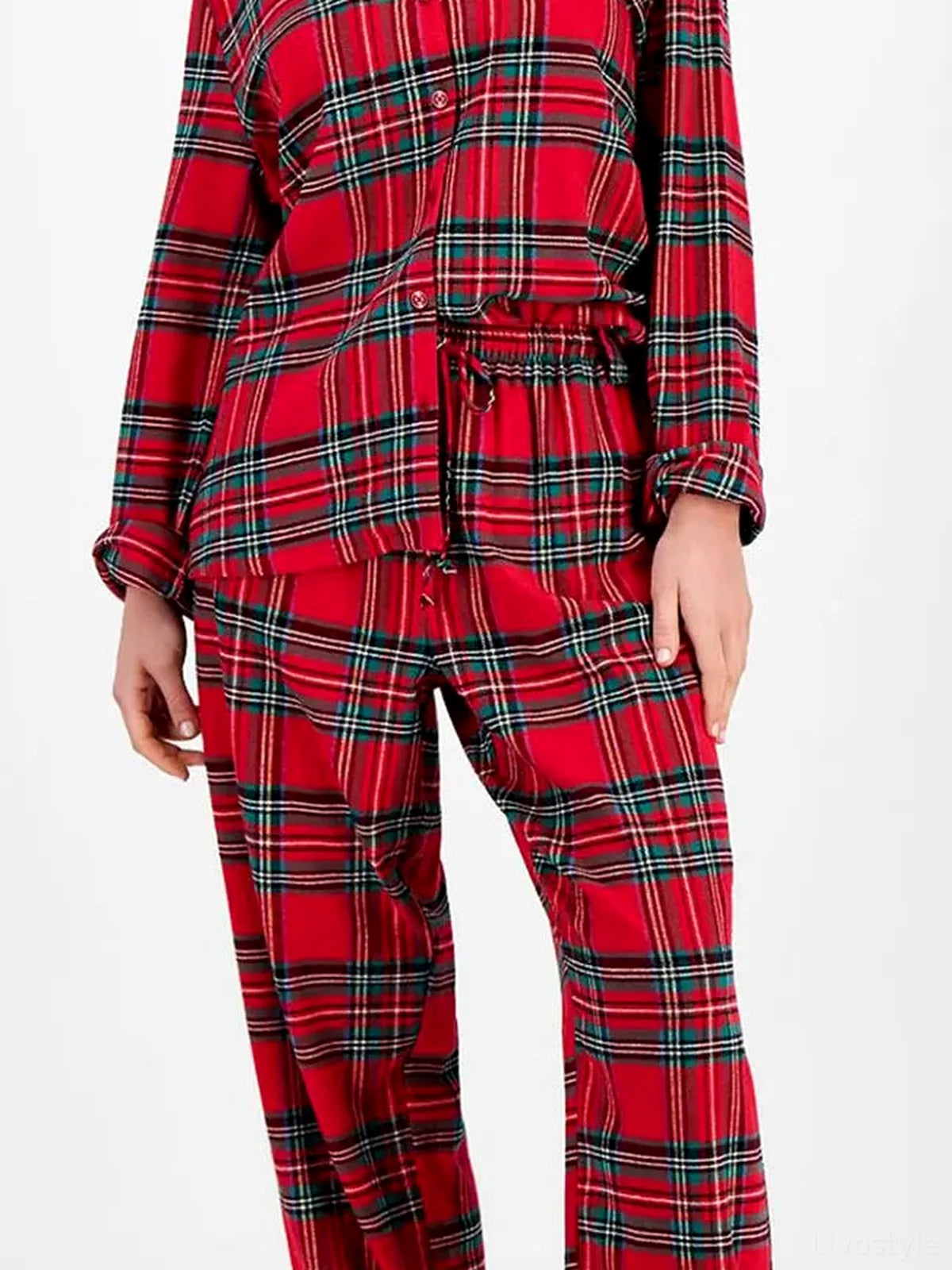Plaid Collared Neck Button Up Top and Pants Lounge Set — detail view — Livostyle