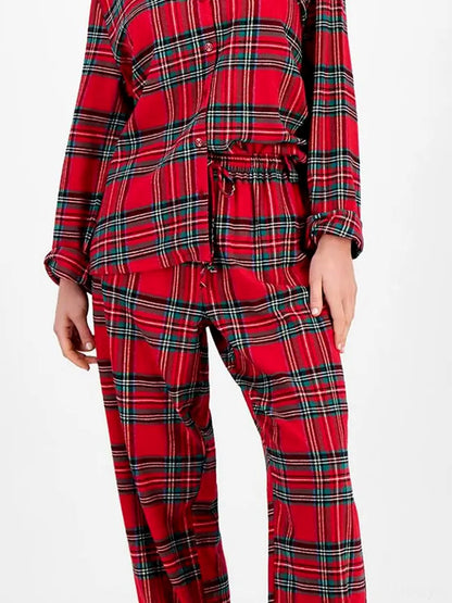 Plaid Collared Neck Button Up Top and Pants Lounge Set — detail view — Livostyle