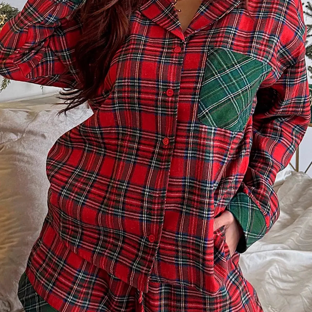 Plaid Contrast Patched Christmas Holiday Long Sleeve Shirt a — square view — Livostyle