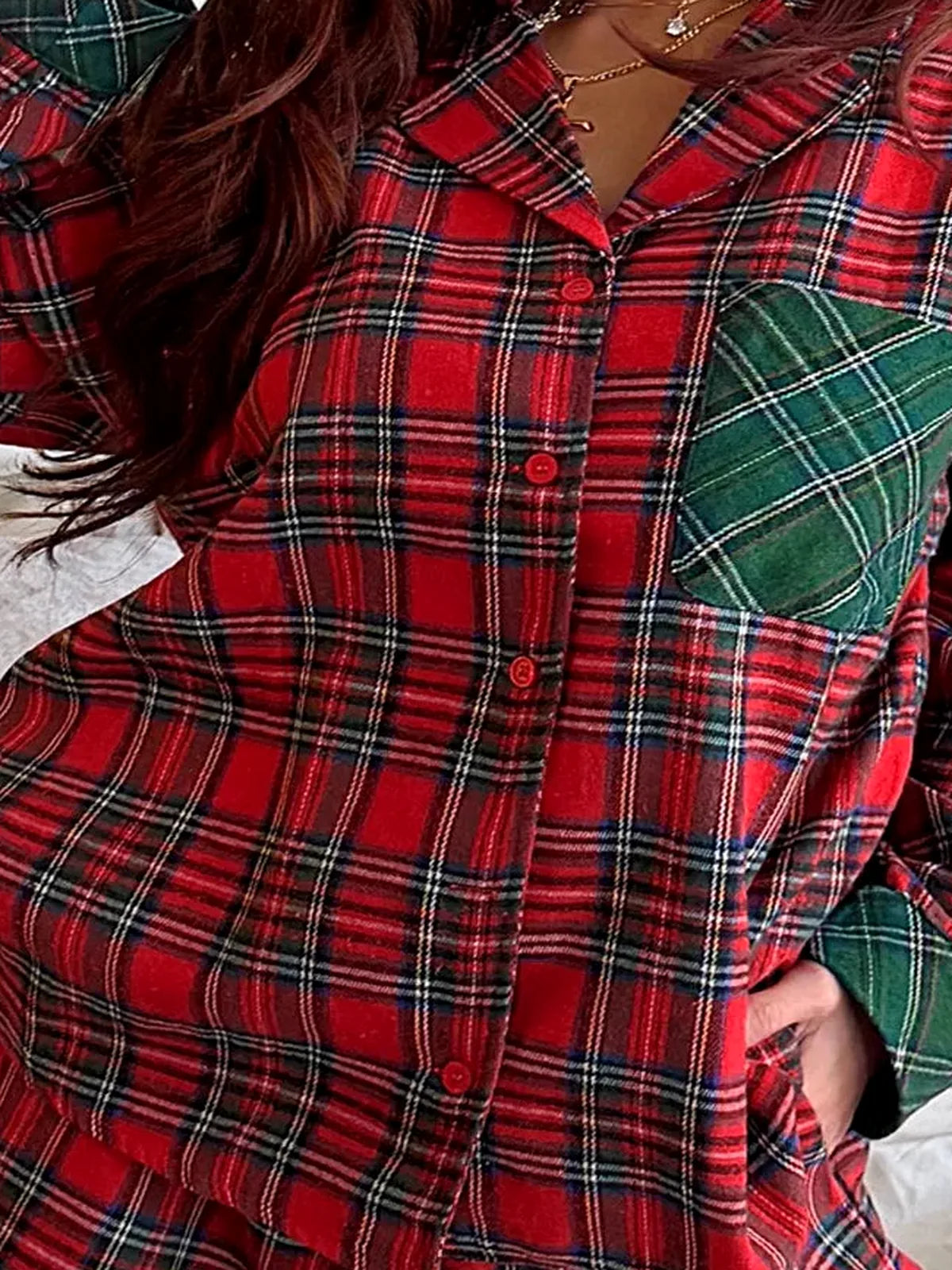 Plaid Contrast Patched Christmas Holiday Long Sleeve Shirt a — detail view — Livostyle