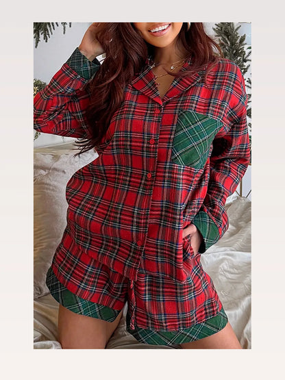 Plaid Contrast Patched Christmas Holiday Long Sleeve Shirt a — styled showcase — Livostyle