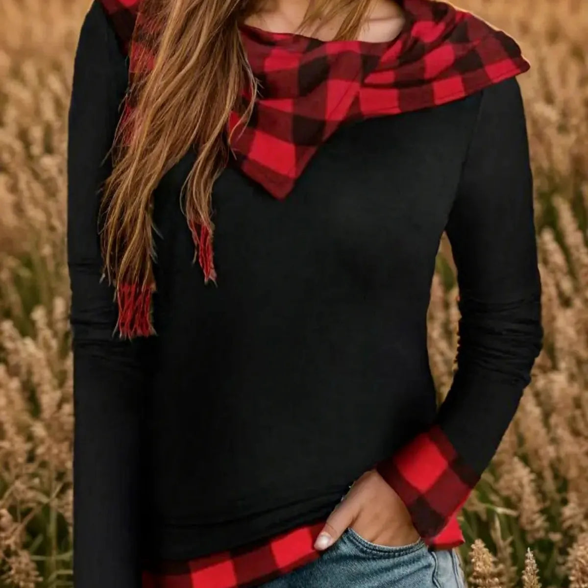 Plaid Long Sleeve Hooded Blouse — square view — Livostyle