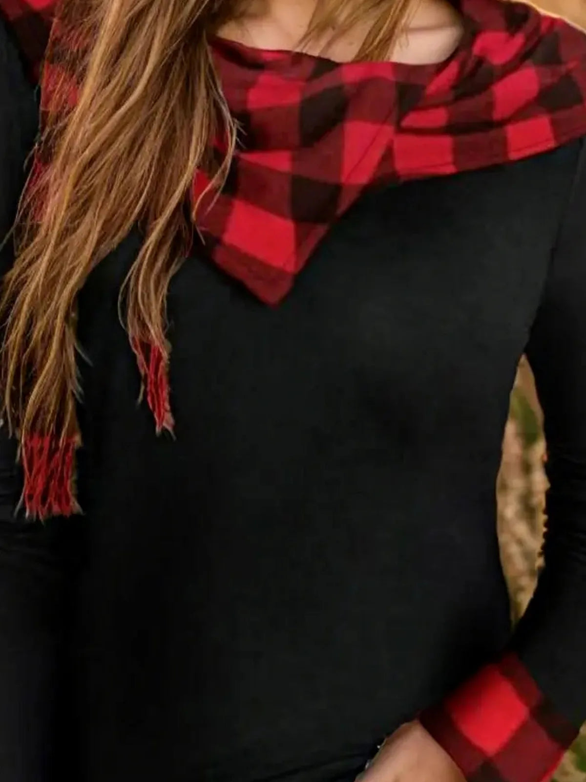 Plaid Long Sleeve Hooded Blouse — detail view — Livostyle