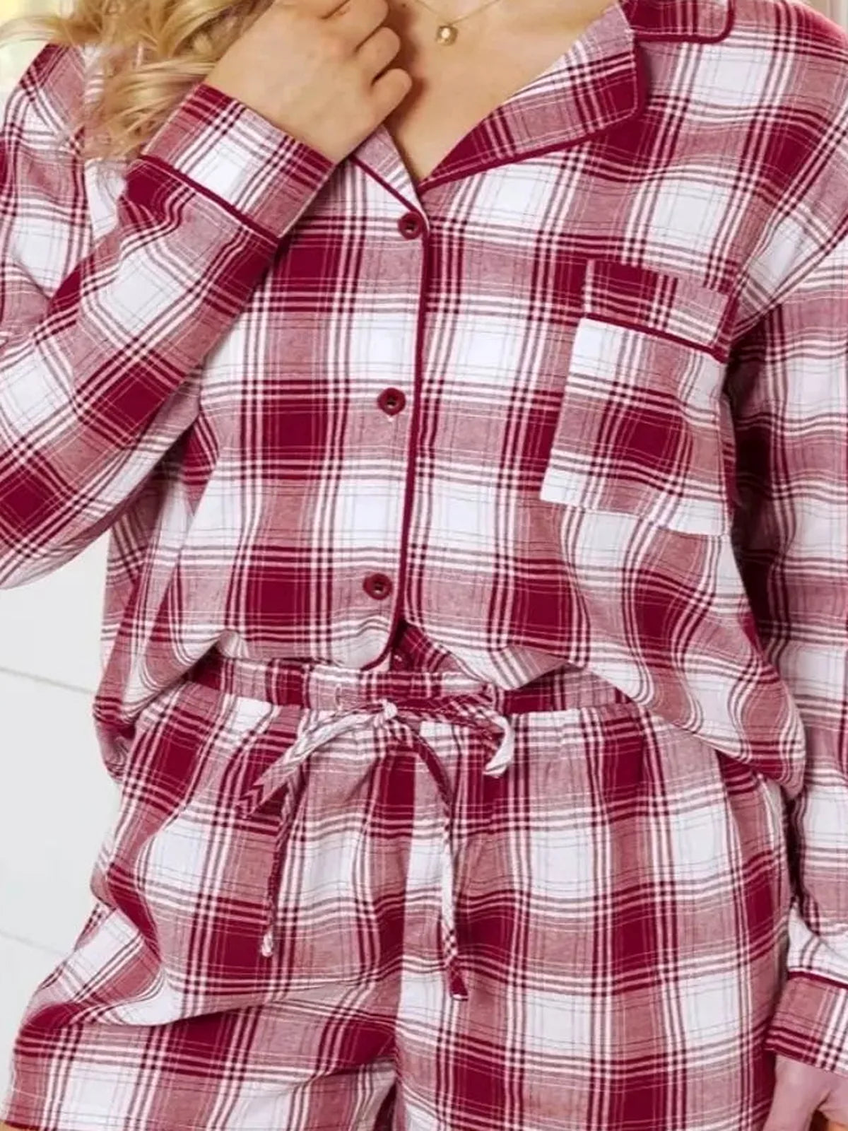 Plaid Long Sleeve Shirt and Drawstring Shorts Lounge Set — detail view — Livostyle