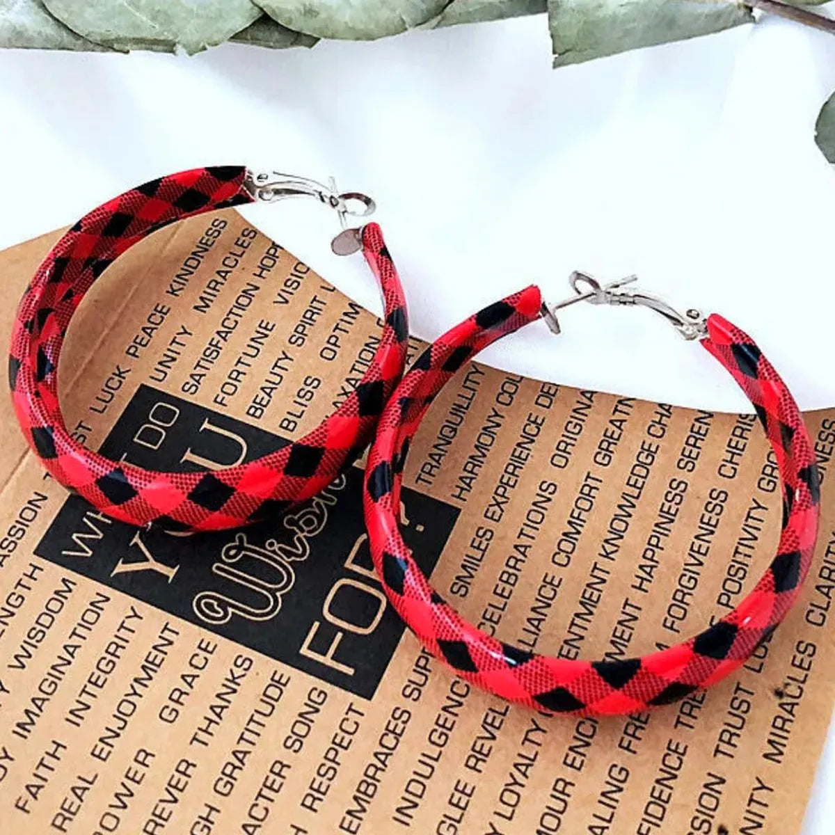 Plaid PU Leather Hoop Earrings — square view — Livostyle