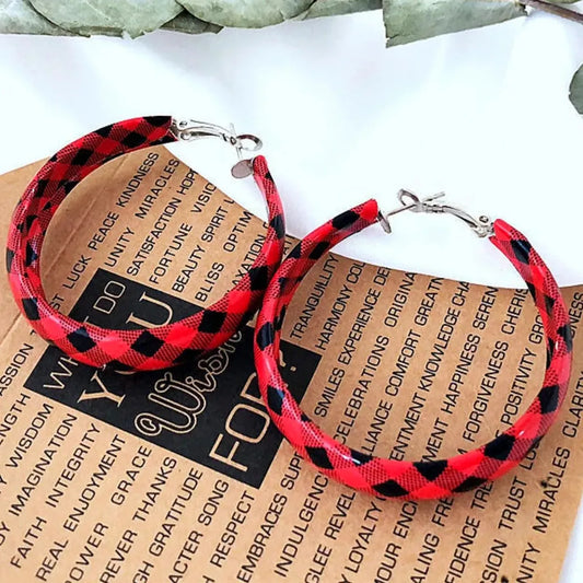 Plaid PU Leather Hoop Earrings — square view — Livostyle