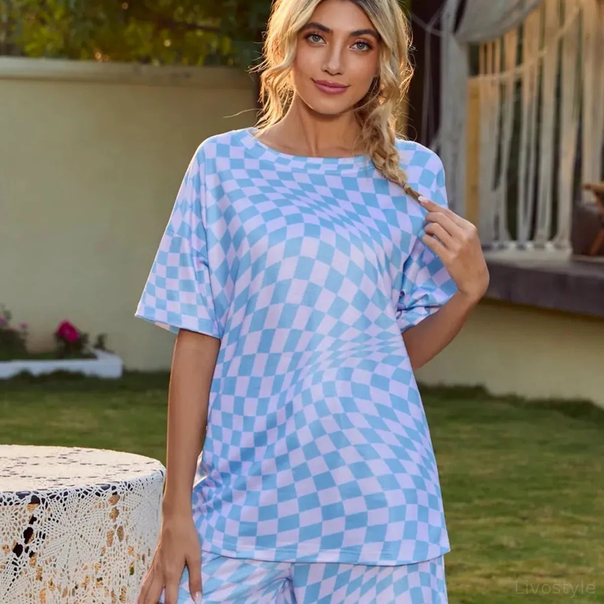Plaid Round Neck Top and Shorts Lounge Set — square view — Livostyle