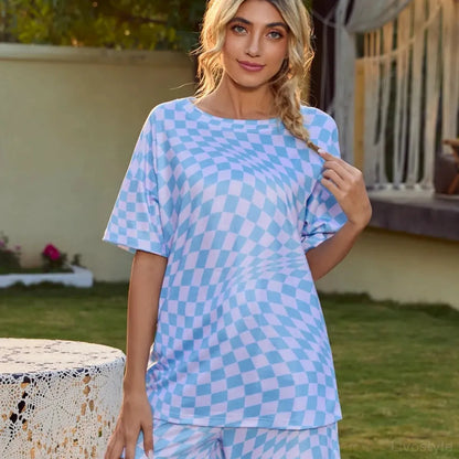 Plaid Round Neck Top and Shorts Lounge Set — square view — Livostyle
