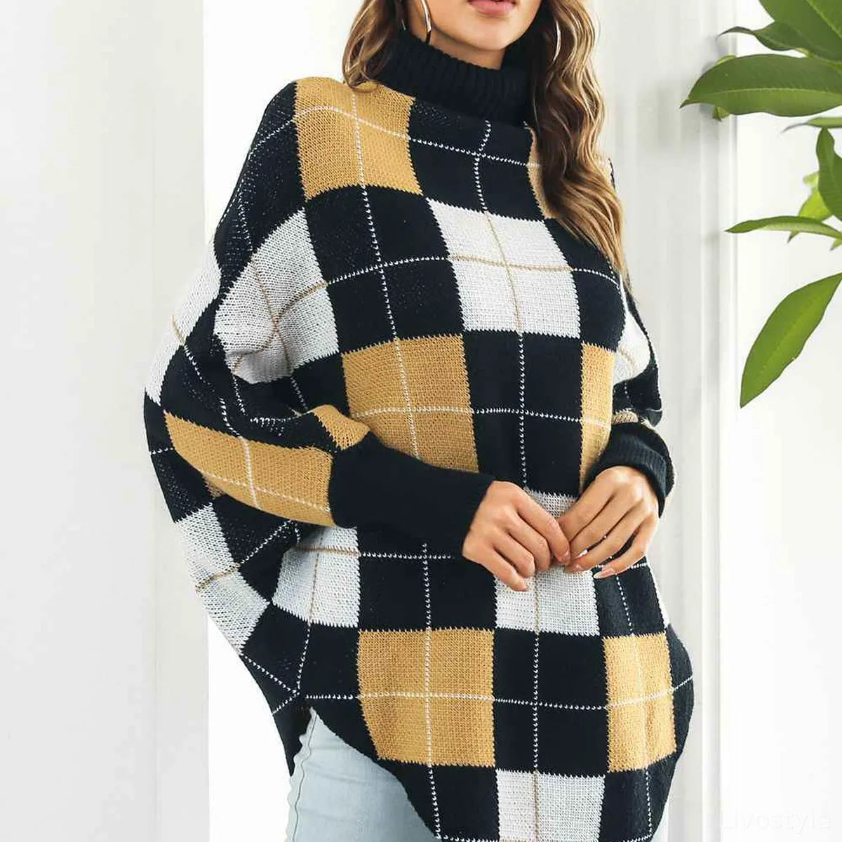 Plaid Turtleneck Dolman Sleeve Poncho — square view — Livostyle