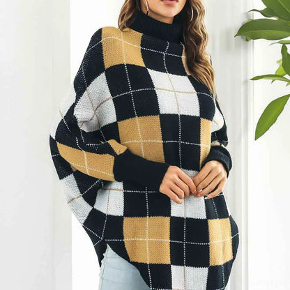 Plaid Turtleneck Dolman Sleeve Poncho — square view — Livostyle