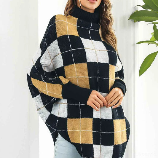 Plaid Turtleneck Dolman Sleeve Poncho — square view — Livostyle
