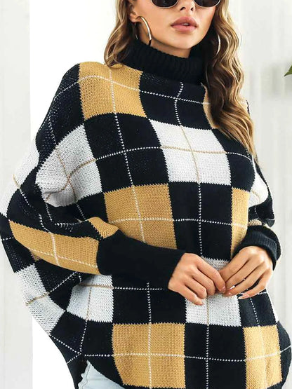 Plaid Turtleneck Dolman Sleeve Poncho — detail view — Livostyle