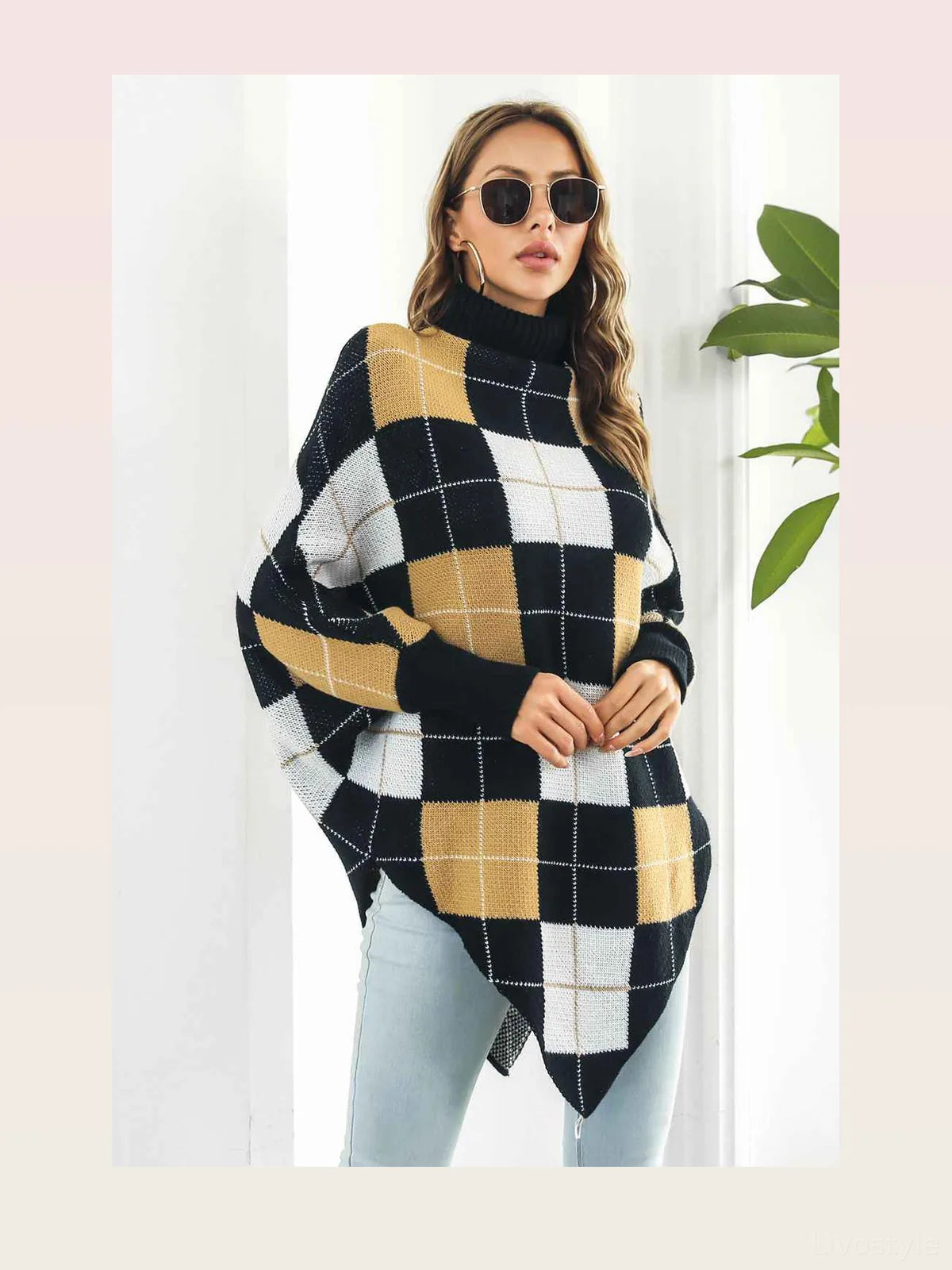 Plaid Turtleneck Dolman Sleeve Poncho — styled showcase — Livostyle