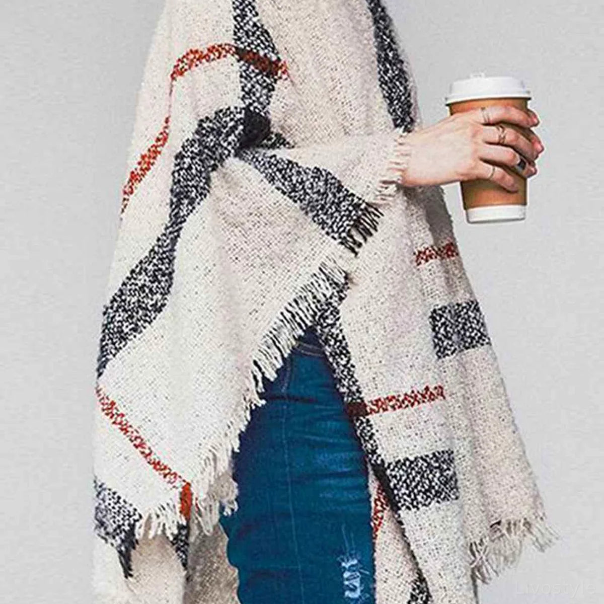 Plaid Turtleneck Raw Hem Poncho — square view — Livostyle