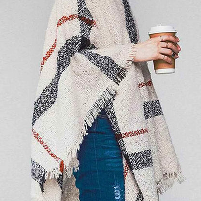 Plaid Turtleneck Raw Hem Poncho — square view — Livostyle