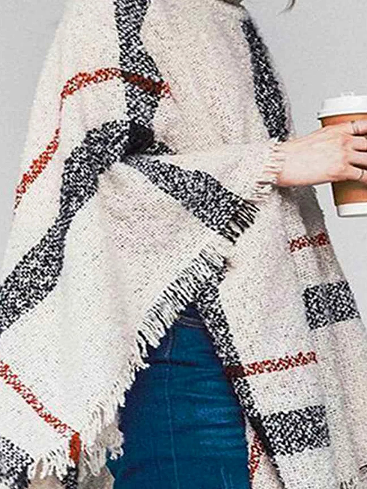 Plaid Turtleneck Raw Hem Poncho — detail view — Livostyle