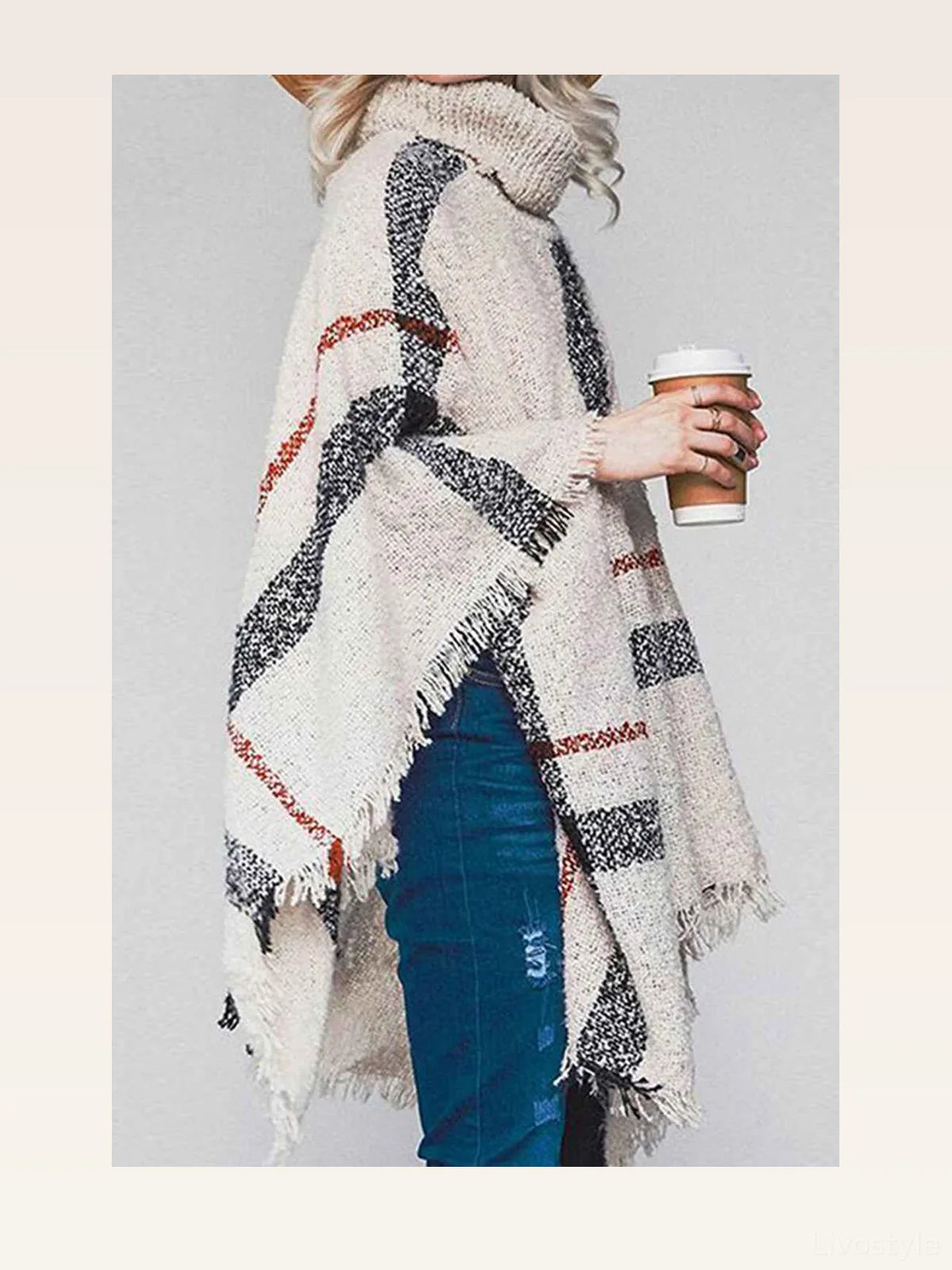Plaid Turtleneck Raw Hem Poncho — styled showcase — Livostyle