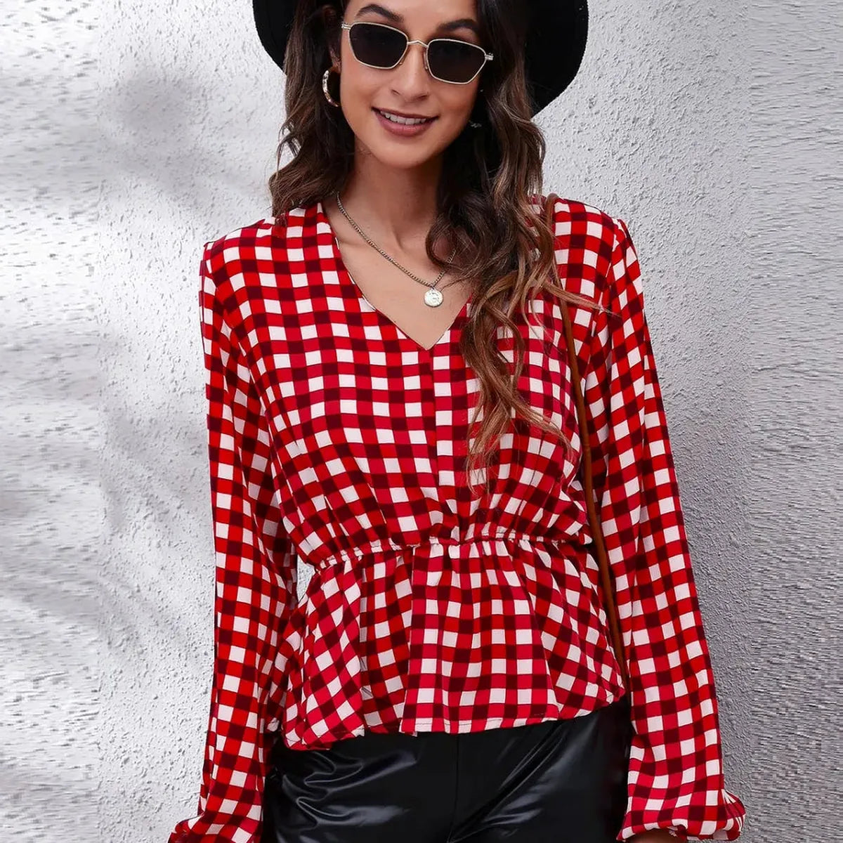 Plaid V-Neck Balloon Sleeve Peplum Blouse — square view — Livostyle