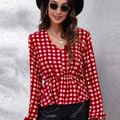 Plaid V-Neck Balloon Sleeve Peplum Blouse — square view — Livostyle