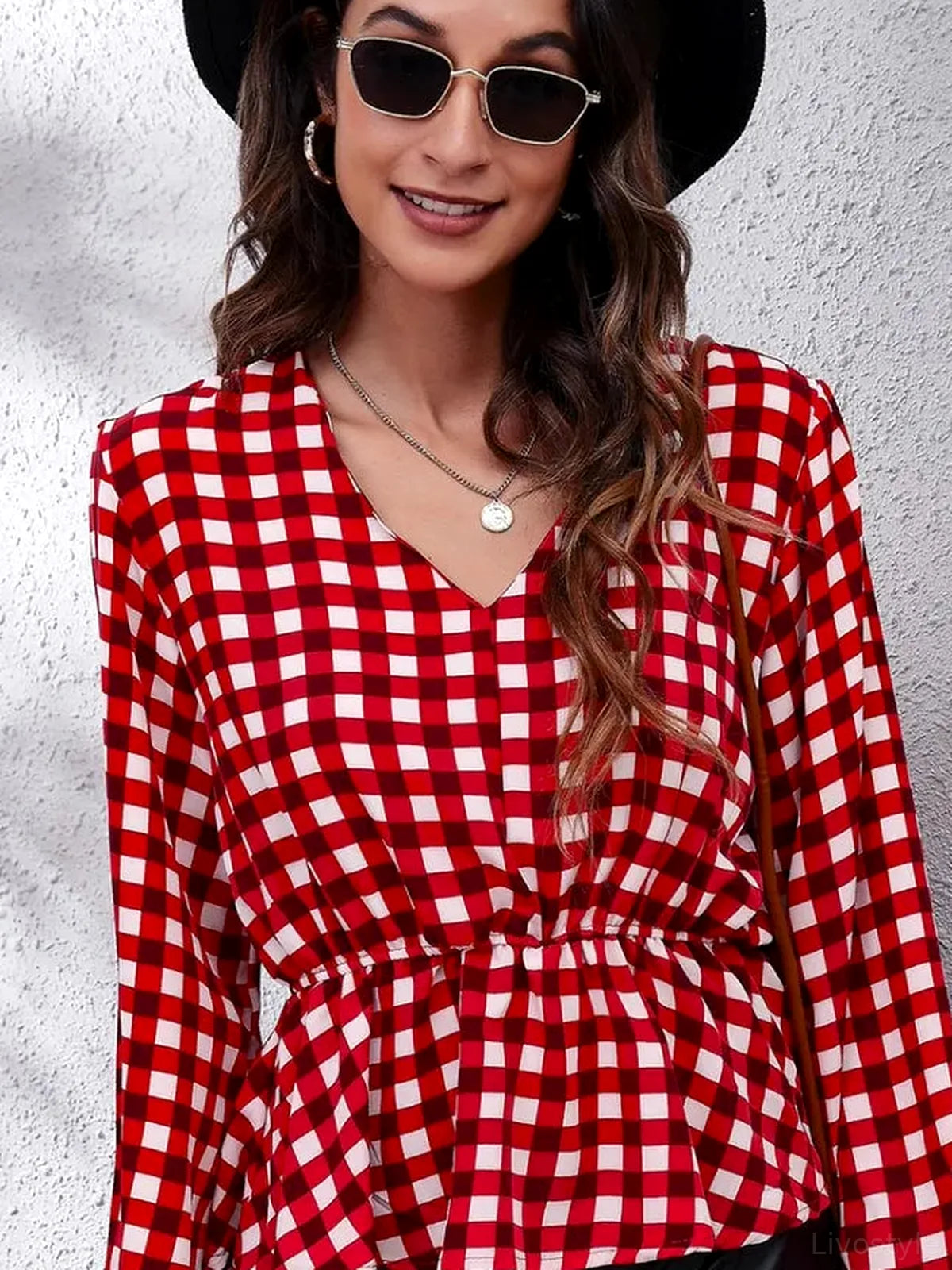Plaid V-Neck Balloon Sleeve Peplum Blouse — detail view — Livostyle