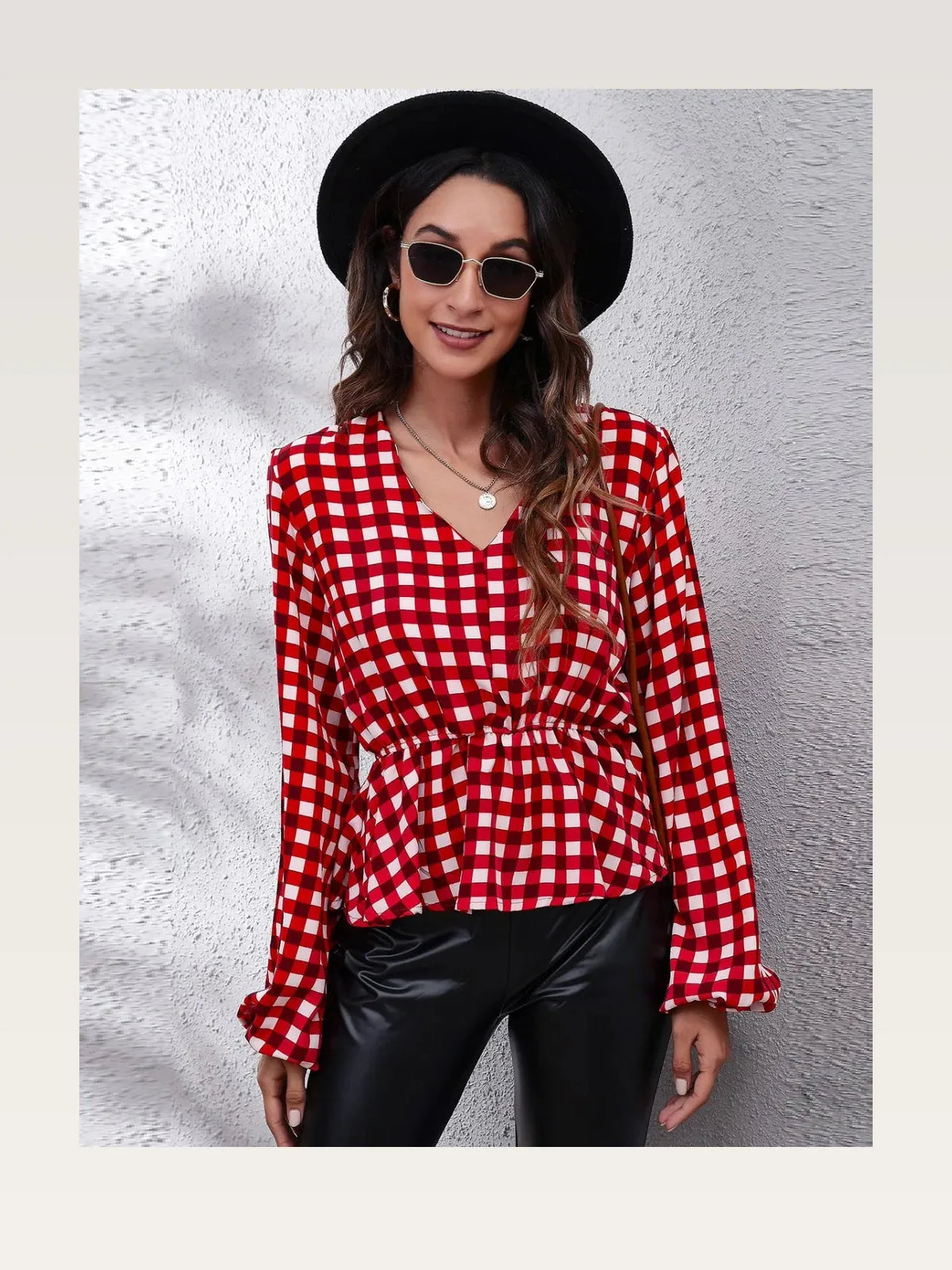 Plaid V-Neck Balloon Sleeve Peplum Blouse — styled showcase — Livostyle