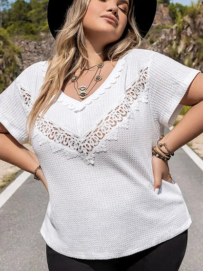 Lace Detail V-Neck Short Sleeve Blouse — detail view — Livostyle